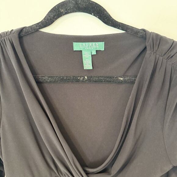 Lauren Ralph Lauren Rushed Jersey Dress 6 Black Stretch V-neck 3/4 Sleeve 1903 - Picture 9 of 14